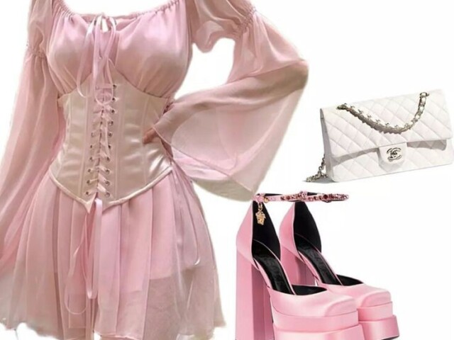 vestido delicado rosa com corset, salto chamativo e SEM a bolsa