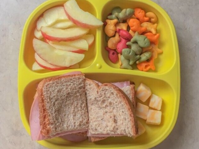 maça em pedaços, biscoitinhos e dois mini sanduíches