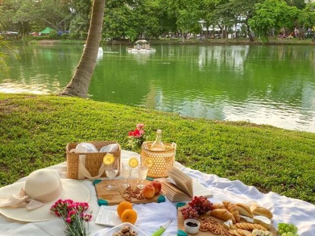 Um dia tranquilo e gostoso no parque com piquenique e natureza.