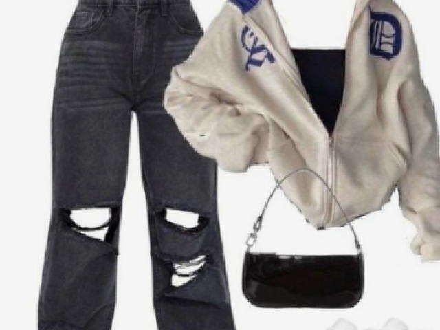 Blosa preta,casaco branco escrita azul,calças jeans pretas,bolsa preta