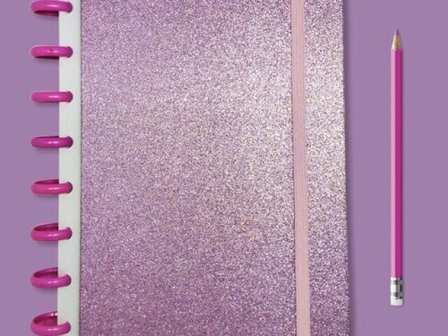 caderno inteligente rosa com glitter