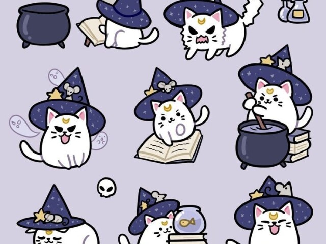 cartela de adesivos de gatinha bruxinha