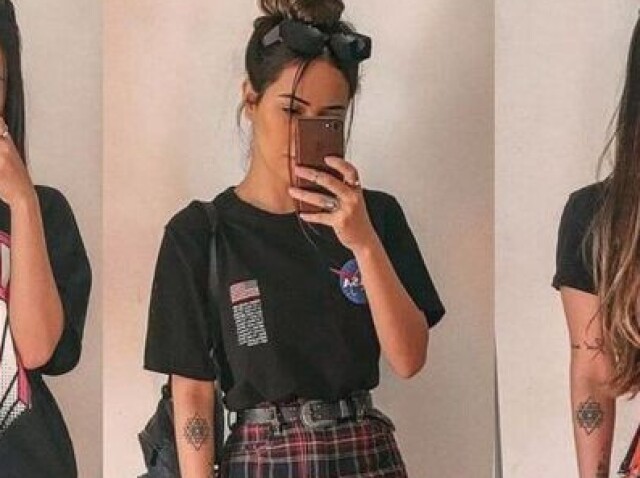 Uma saia bem colada com uma blusa larga e um coque rápido