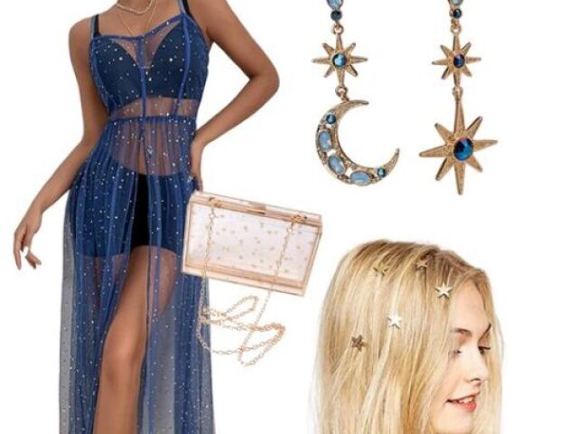 vestido transparente, brinco, bolsa e acessórios de cabelo