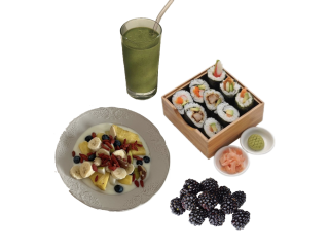 Você pediu um suco detox, um prato com algumas frutas, algimas peças de sushi e algumas amoras