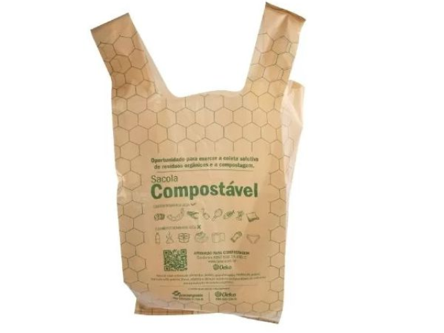 Sacola compostável, sacola que é descartável mas de rápida decomposição na natureza. R$1,20