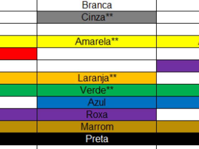 Branca - Cinza - Amarela - Laranja - Verde - Azul - Roxo - Marrom - Preta - Coral - Vermelha.