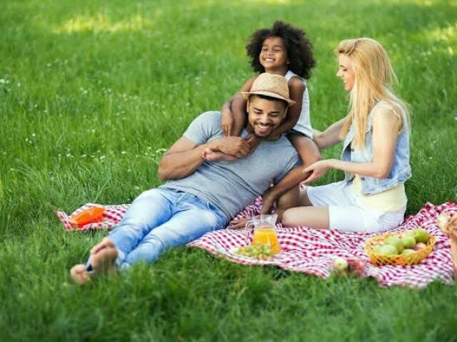 Piquenique em família com pessoas de diferentes etnias e idades.