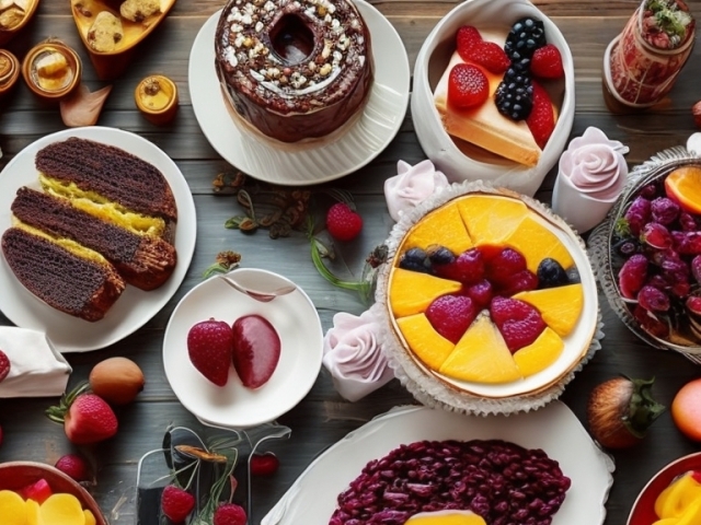 Um café da manhã bem estruturado: bolos, pães e muitas frutas