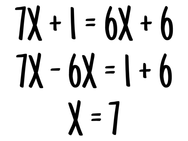 7X + 1 = 6X + 6
7X - 6X = 1 + 6
X = 1 + 6
X = 7