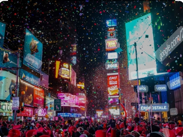 New York, on New Year's Eve, with lots of shows and fireworks.