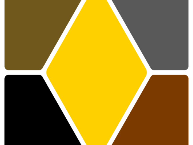 Amarelo, cinza escuro, marrom, preto, amarelo escuro