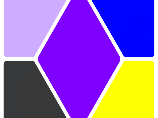 Roxo, lilas, azul, cinza escuro, amarelo neon