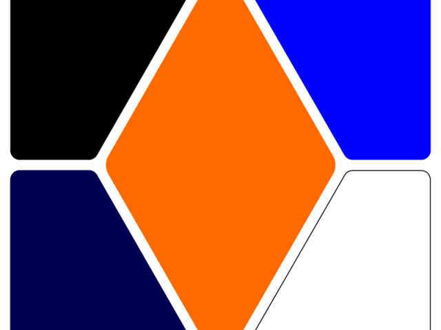 Laranja, azul, azul escuro, branco, preto